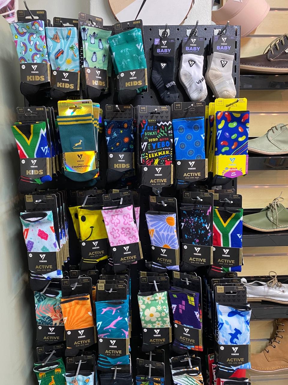 The Versus sock wall with active, kids' and Springbok pairs
